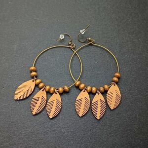 BRONZE wire hoop beaded leaf earrings